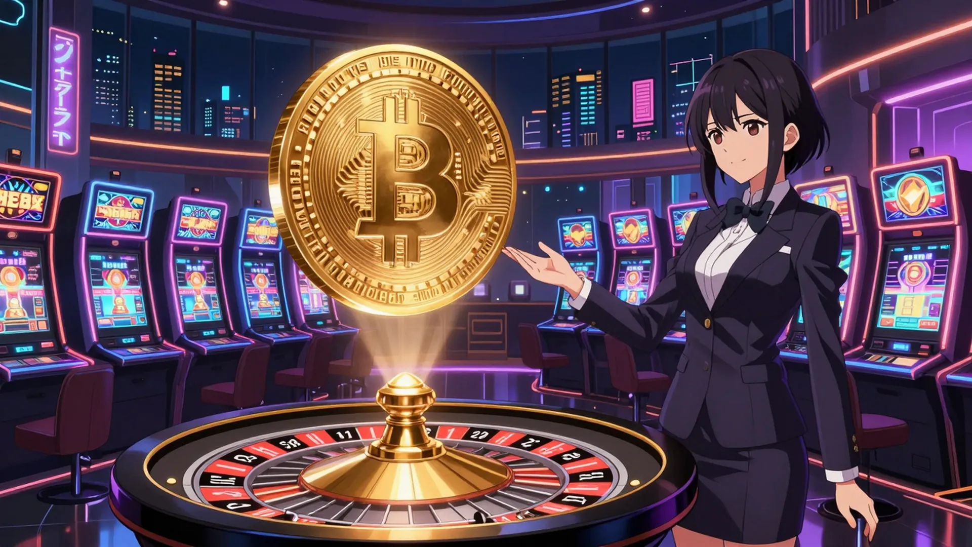 未来の仮想通貨カジノを描いたアニメ風キービジュアル